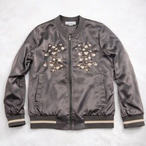 DownEast‎ Charcoal Bomber Jacket with Floral Embroidery